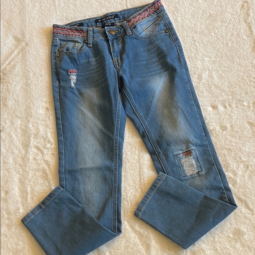 Vigoss Girls Blue Distressed Straight-Leg Jeans SZ 10